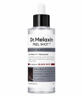 Dr. Melaxin Peel Shot bottle with dropper, labeled exfoliant black rice ampoule and Niacinamide