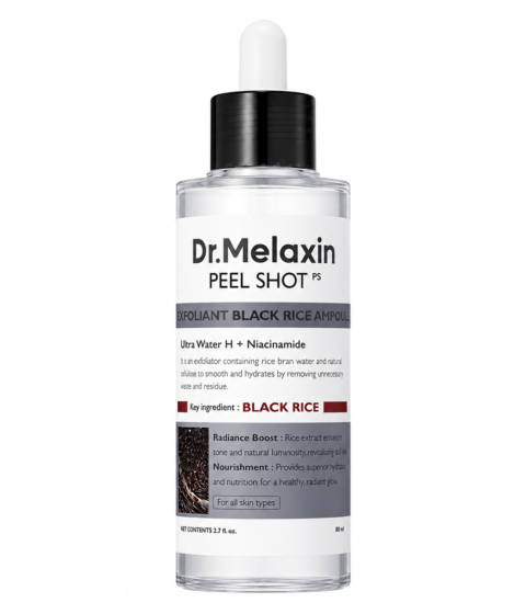 Dr. Melaxin Peel Shot bottle with dropper, labeled exfoliant black rice ampoule and Niacinamide