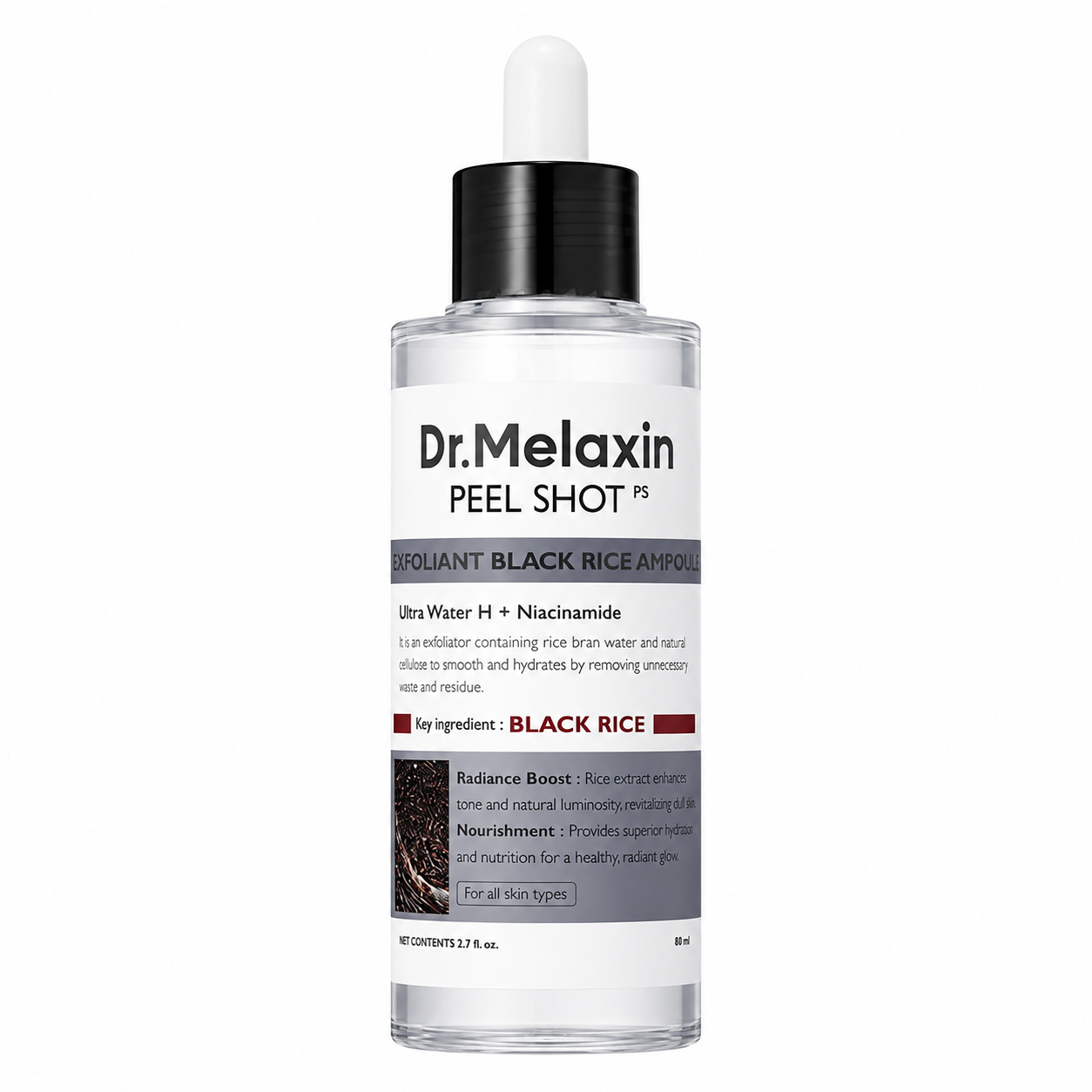 Dr. Melaxin Peel Shot bottle with dropper, labeled exfoliant black rice ampoule and Niacinamide Dr. Melaxin Peel Shot bottle with dropper, labeled exfoliant black rice ampoule and Niacinamide