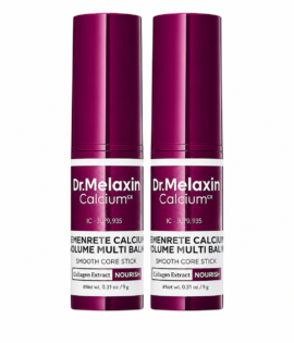 Two magenta lipstick-style balm tubes labeled 'Dr. Melaxin Calcium' side by side, standing upright against a white background, product for nourishing lips/skin.