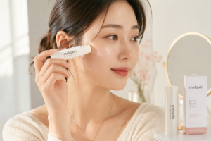 Woman applying Melaxin multi balm stick to her cheek in a softly lit vanity scene with product box and bottle nearby